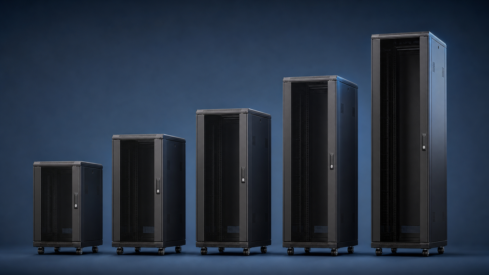 Strong FS rack sizes from 15U through 42U shown side by side